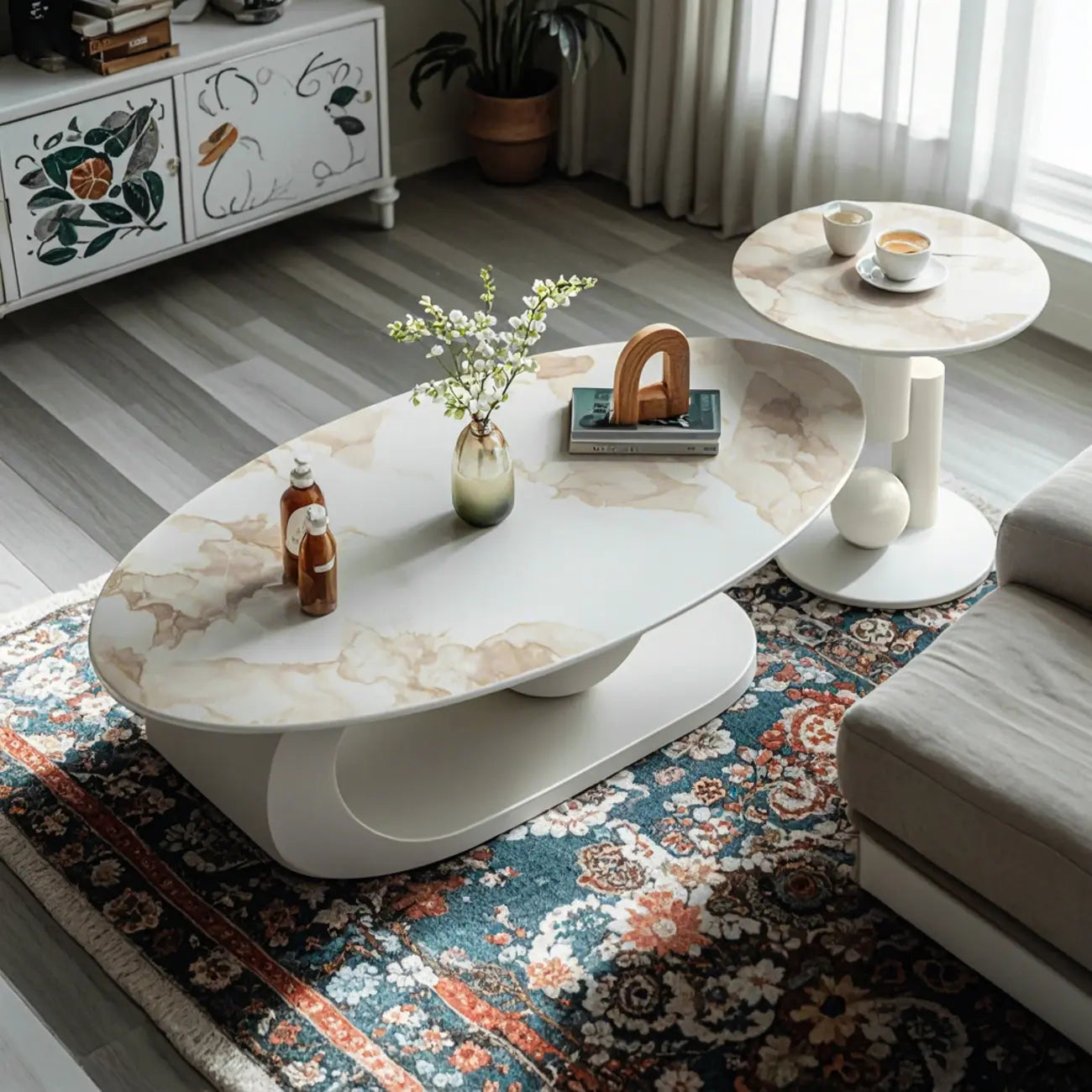 Modern Metal White Stone Oval Coffee Table for Home