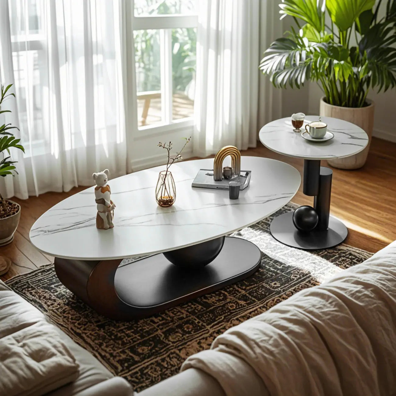 Modern Metal White Stone Oval Coffee Table for Home