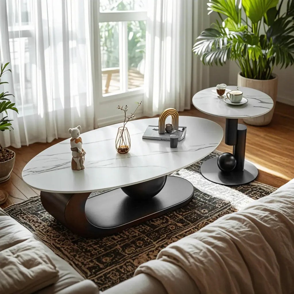 Modern Metal White Stone Oval Coffee Table for Home