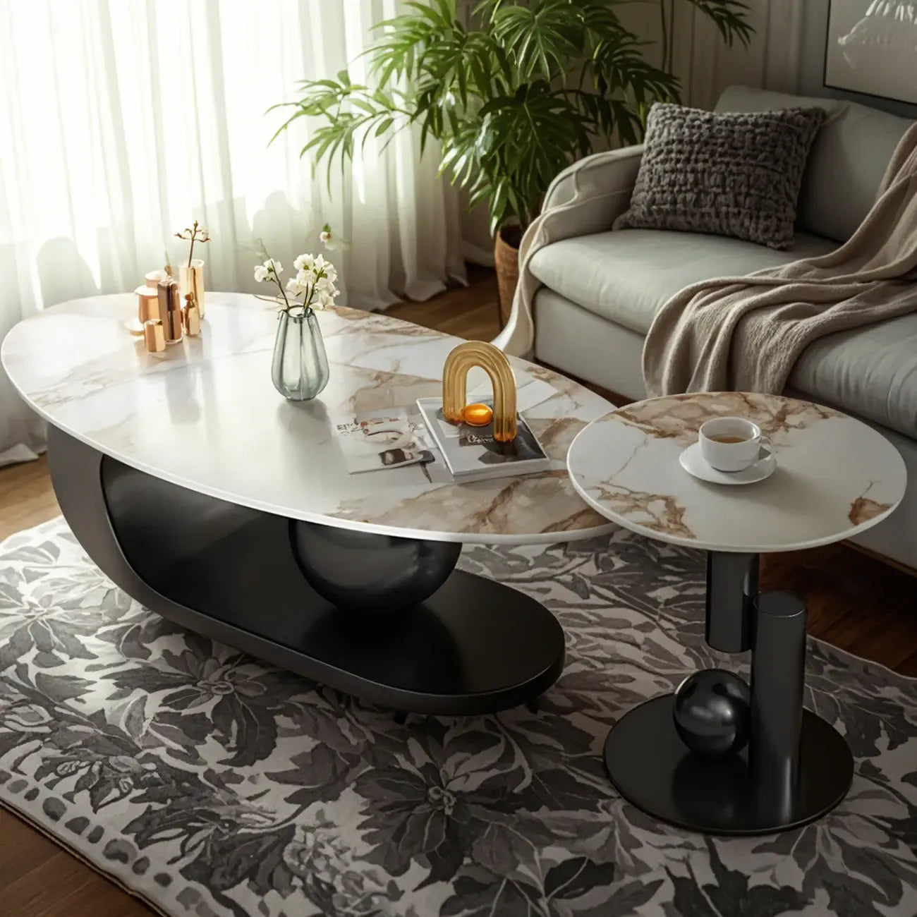 Modern Metal White Stone Oval Coffee Table for Home