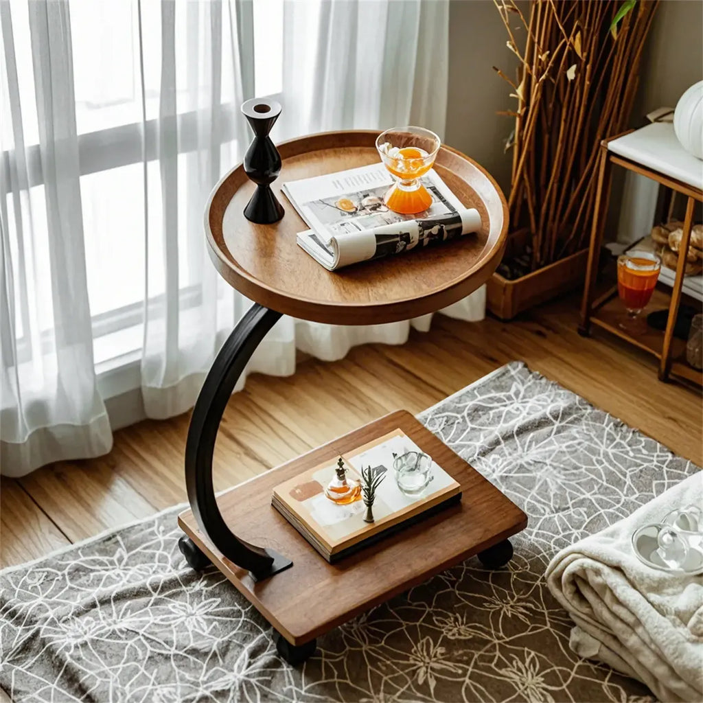 Wooden Round C-Shaped Side Table with Swivel Wheels
