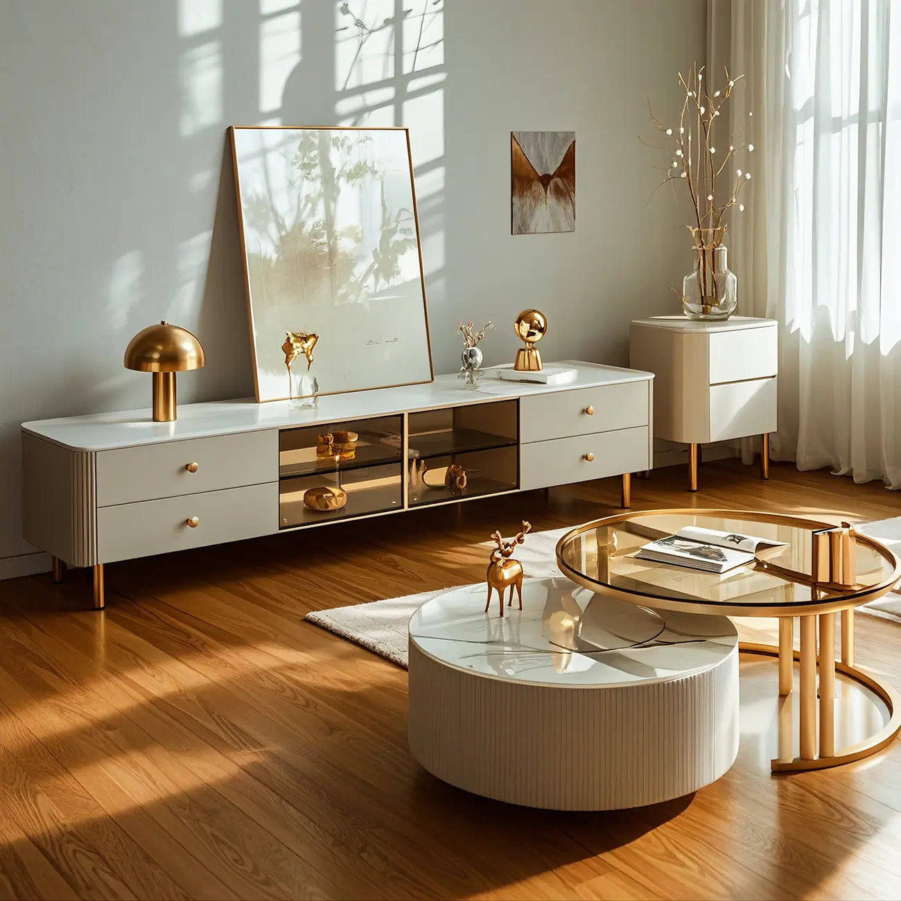 Beige Modern Stone TV Stand with LED LightS for Living Room