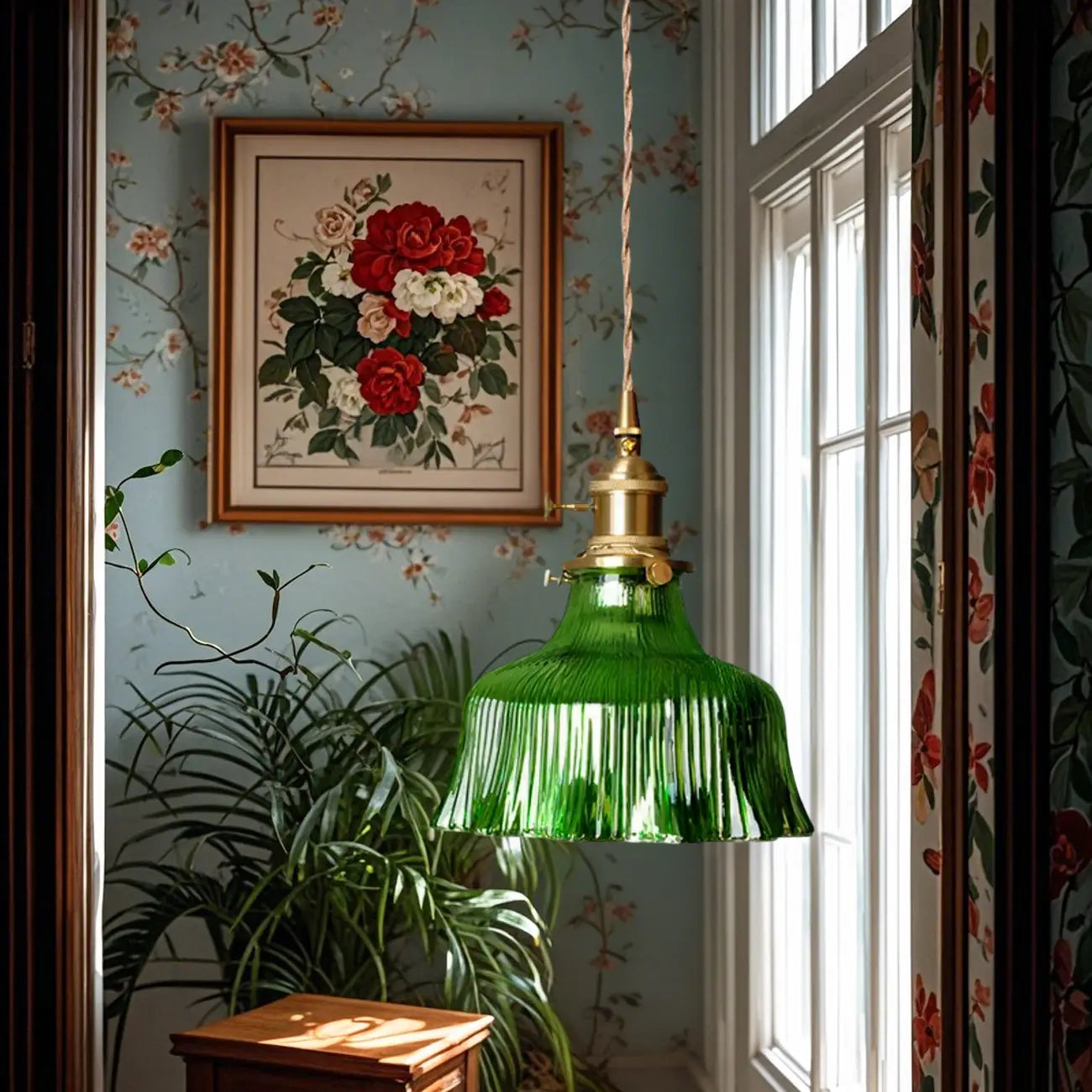 Vintage Green Stained Glass Pendant Light for Living Room