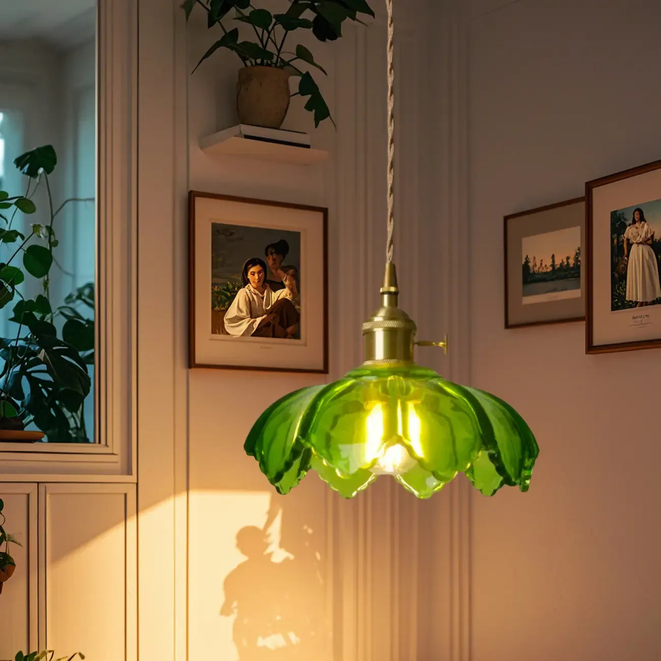 Vintage Green Stained Glass Pendant Light for Living Room