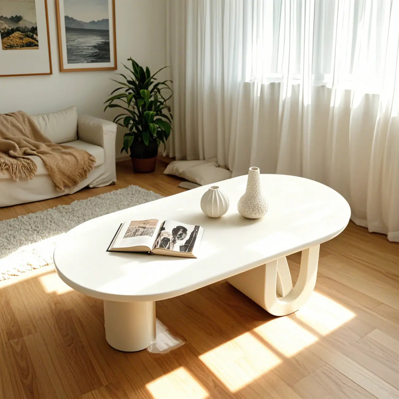 Minimalist White Oval Coffee Table with Storage for Indoor Use