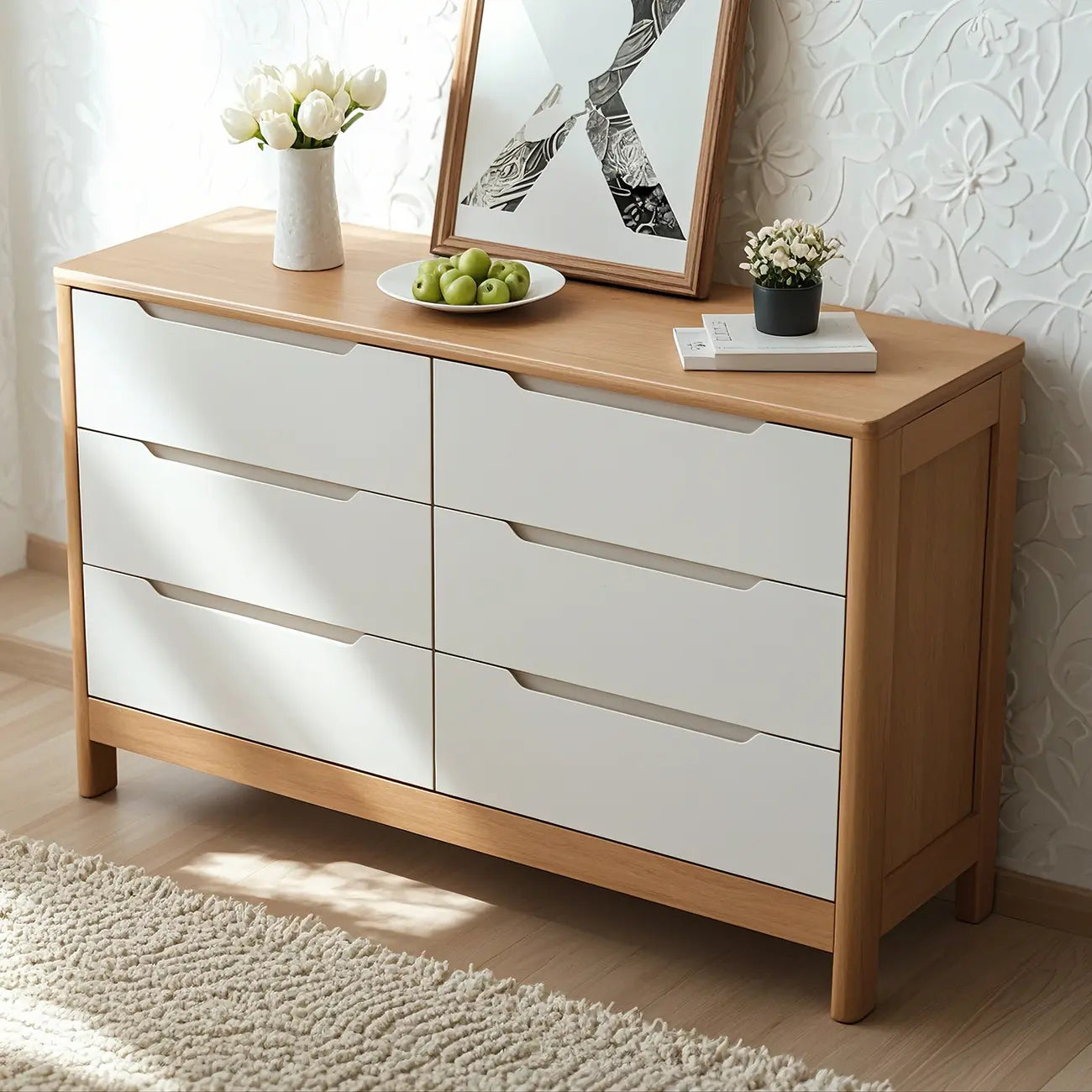 Horizontal Natural Rubberwood Dressers with 6-Drawer