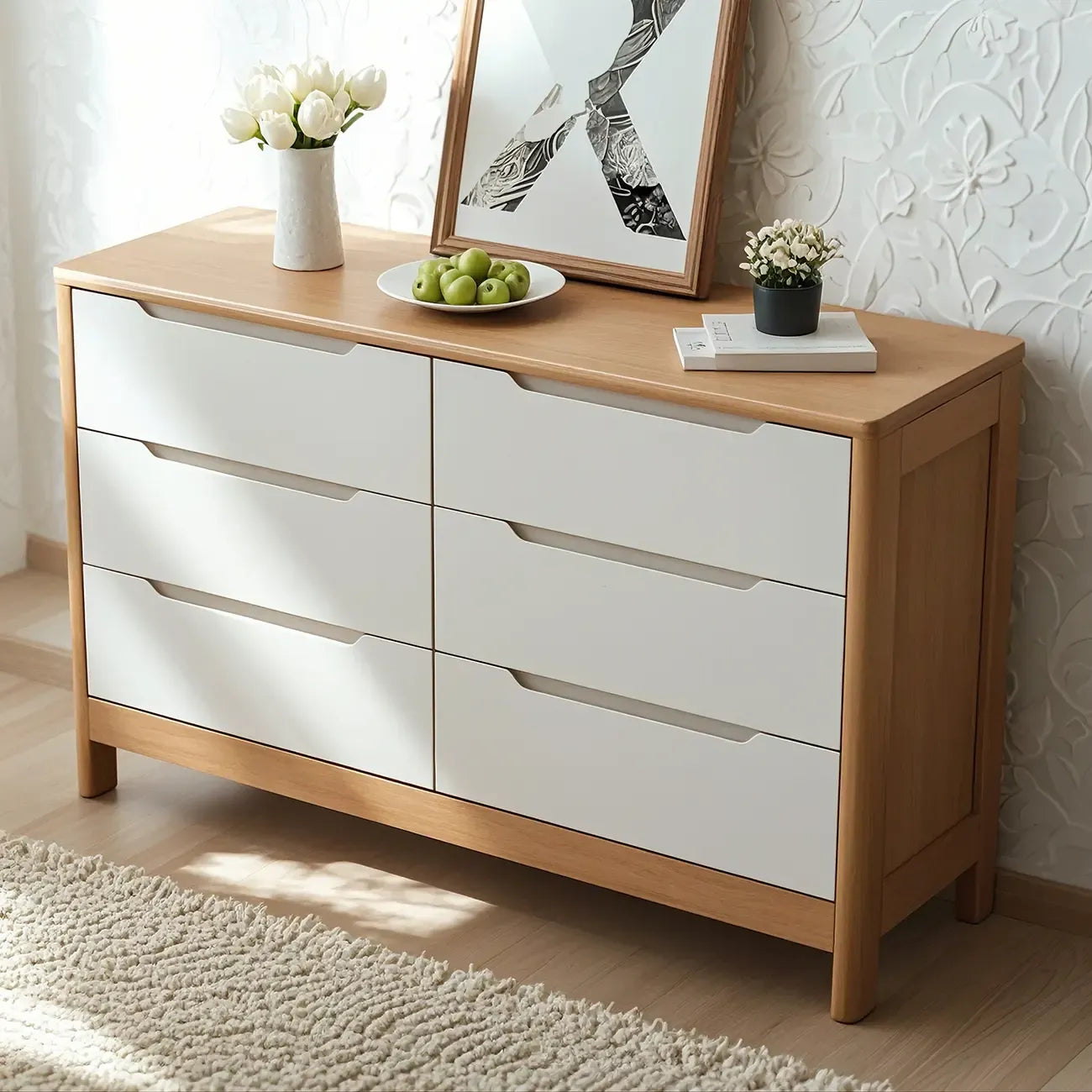 Horizontal Natural Rubberwood Dressers with 6-Drawer