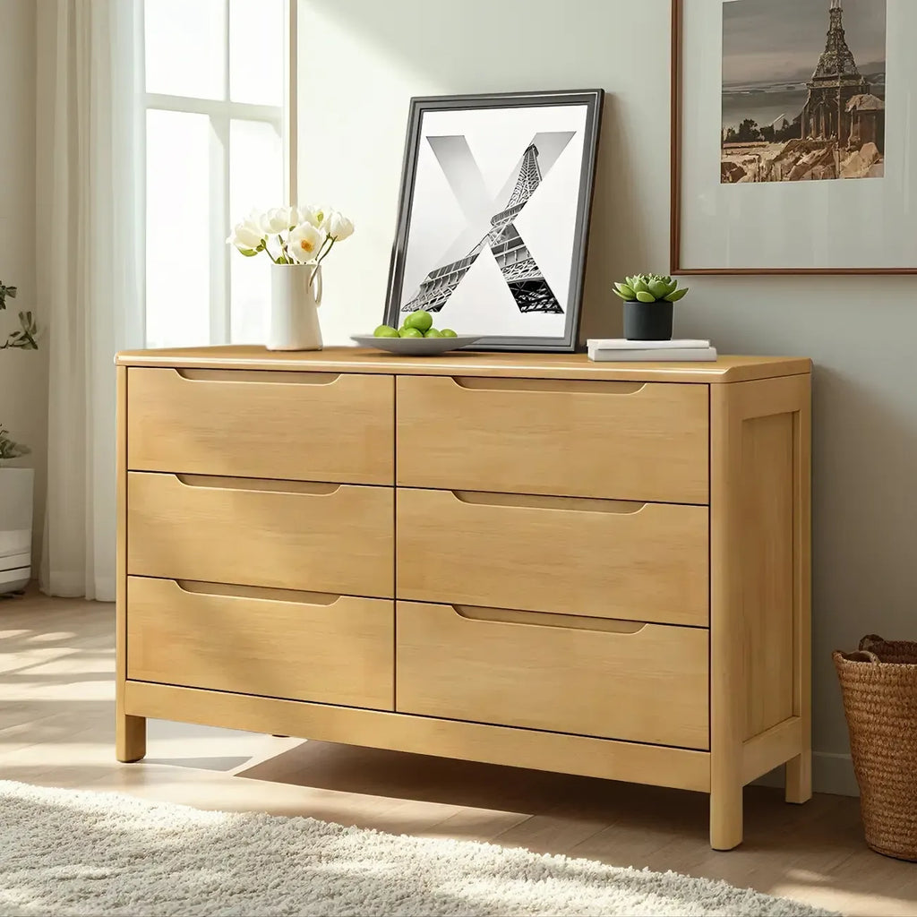 Horizontal Natural Rubberwood Dressers with 6-Drawer