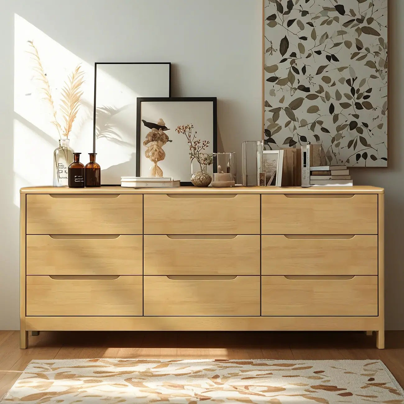 Horizontal Natural Rubberwood Dressers with 6-Drawer