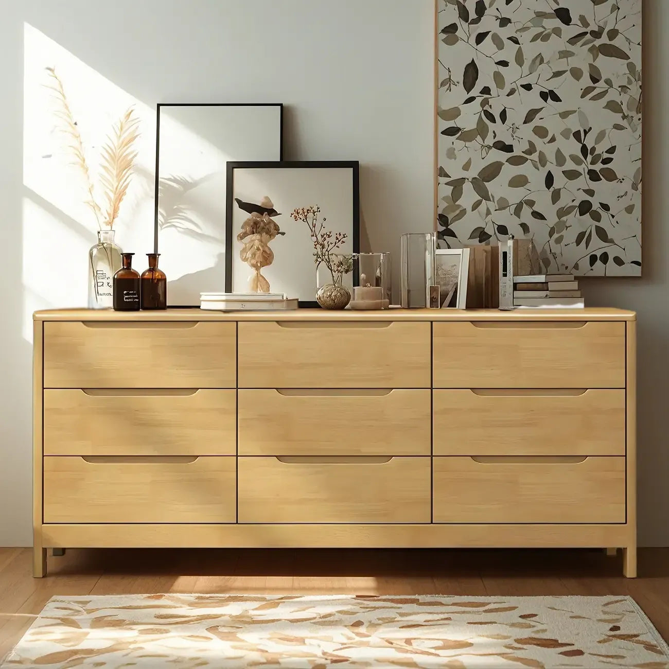 Horizontal Natural Rubberwood Dressers with 6-Drawer