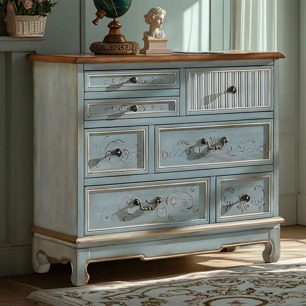 Solid Wood Retro Blue Dresser with Drawers & Metal Handle