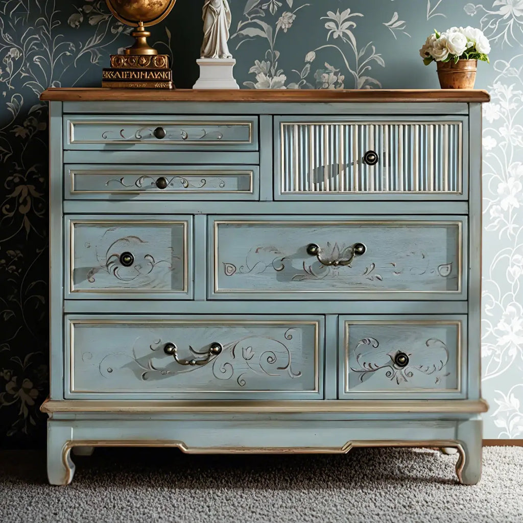 Solid Wood Retro Blue Dresser with Drawers & Metal Handle