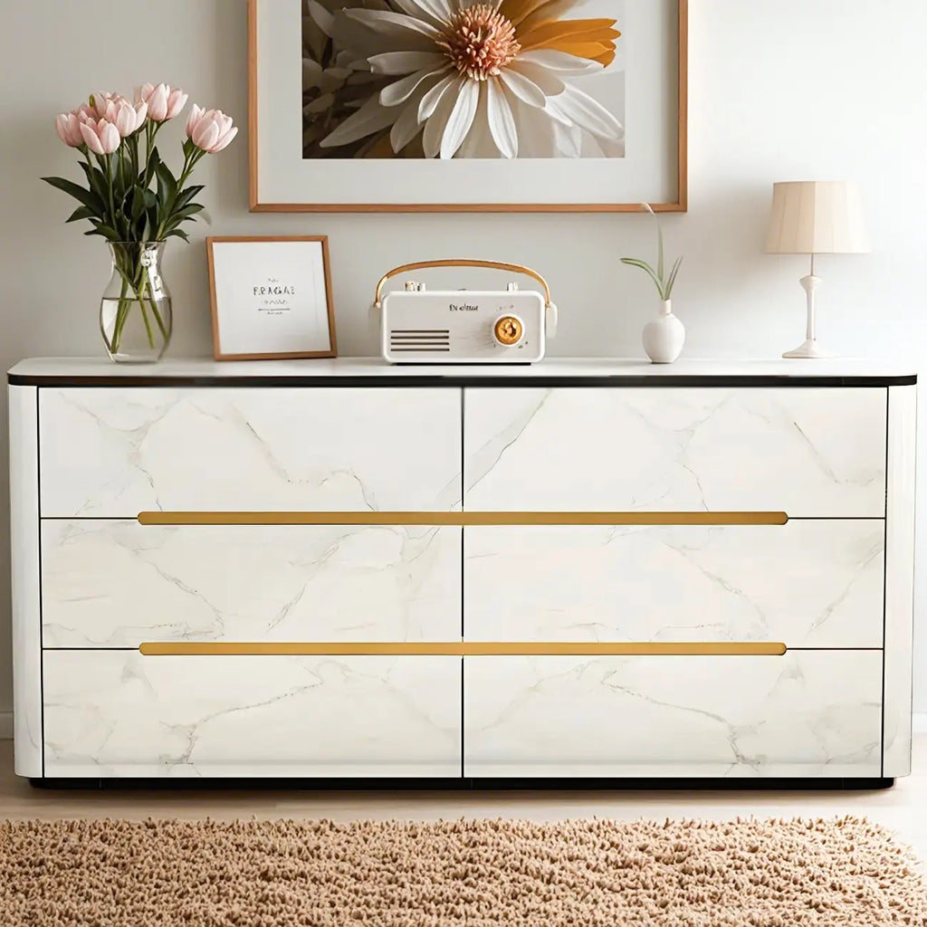 Stylish Mirrored Double Dresser with Stone Top & Metal Legs