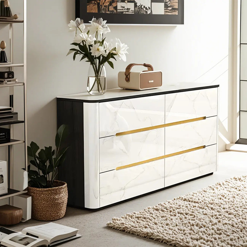 Stylish Mirrored Double Dresser with Stone Top & Metal Legs