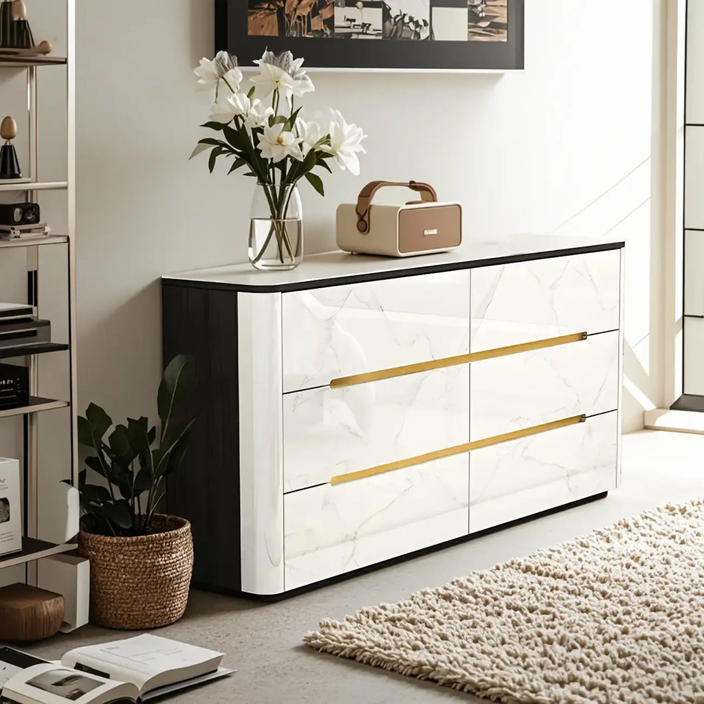 Stylish Mirrored Double Dresser with Stone Top & Metal Legs