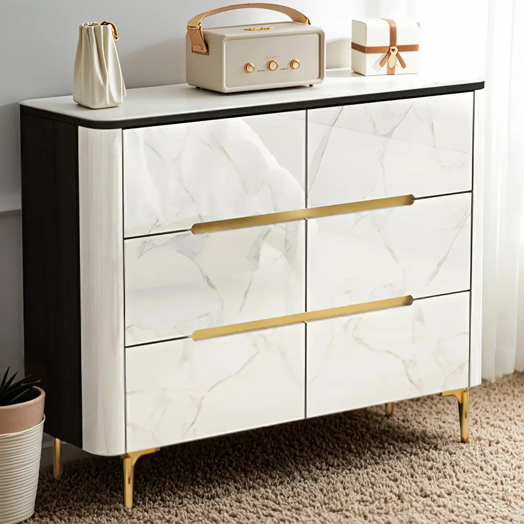 Stylish Mirrored Double Dresser with Stone Top & Metal Legs