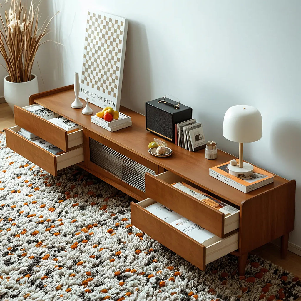 87 Living Room Walnut Wood TV Stand with Adjustable Shelves