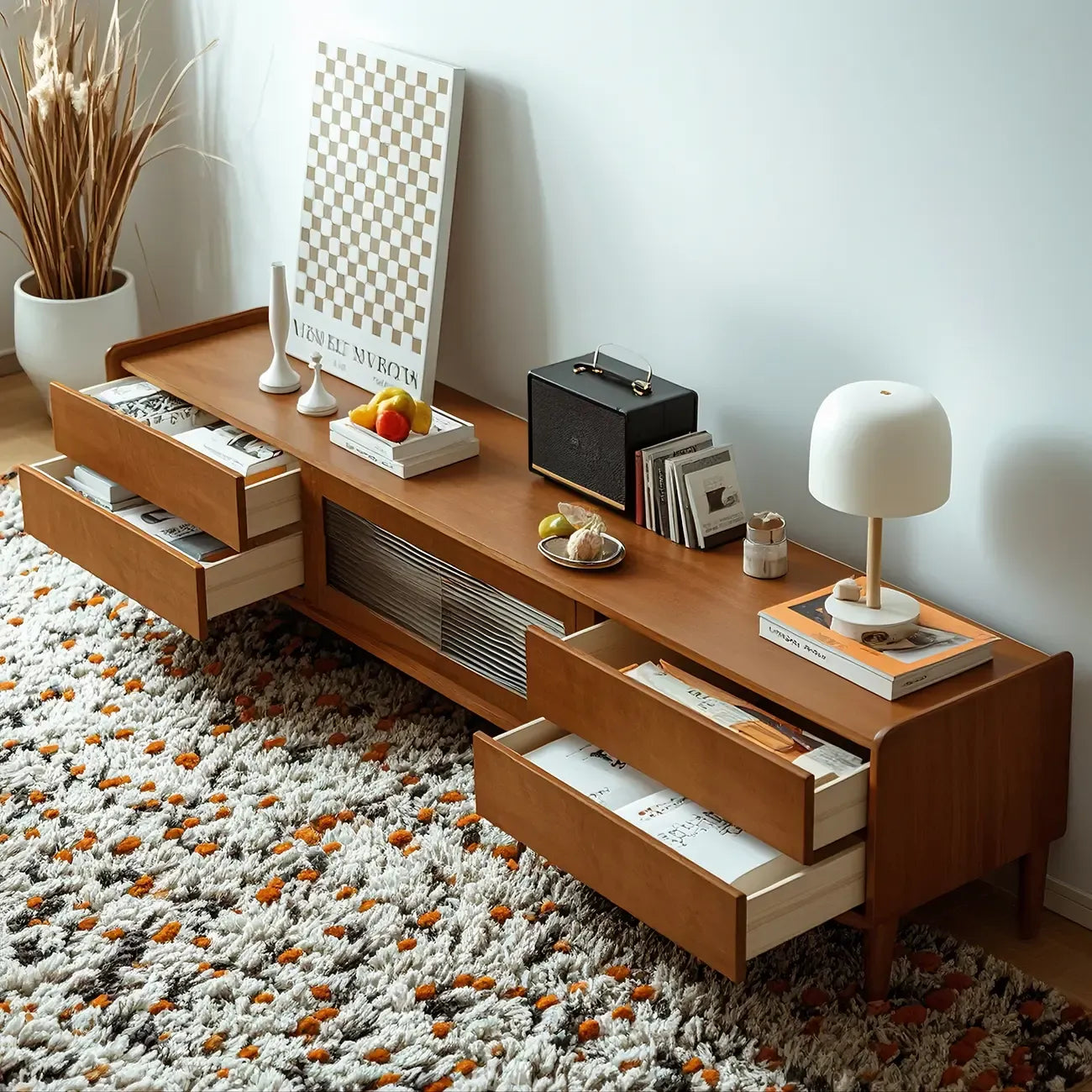 87 Living Room Walnut Wood TV Stand with Adjustable Shelves