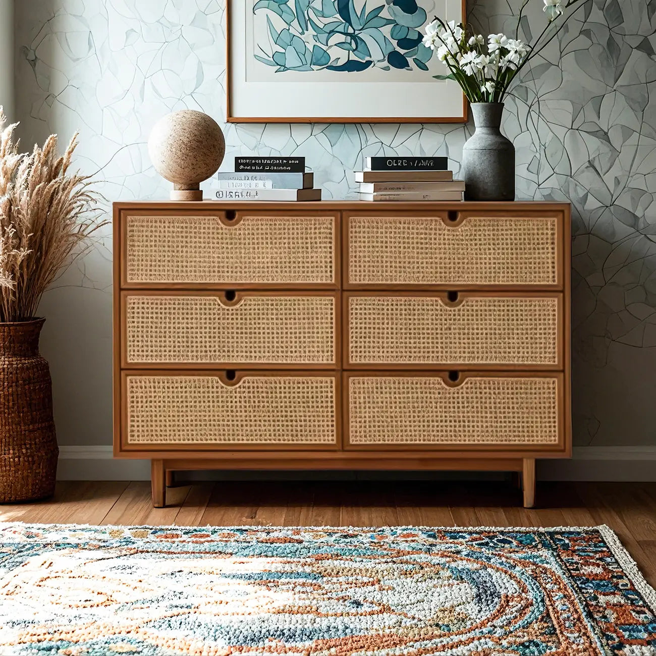 Tropical Brown Wooden 3 Drawers Rattan Chest for Storage