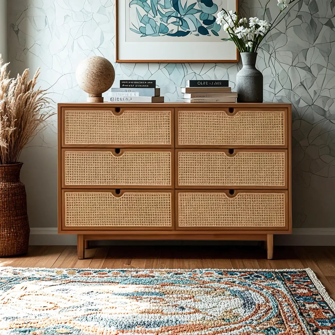 Tropical Brown Wooden 3 Drawers Rattan Chest for Storage