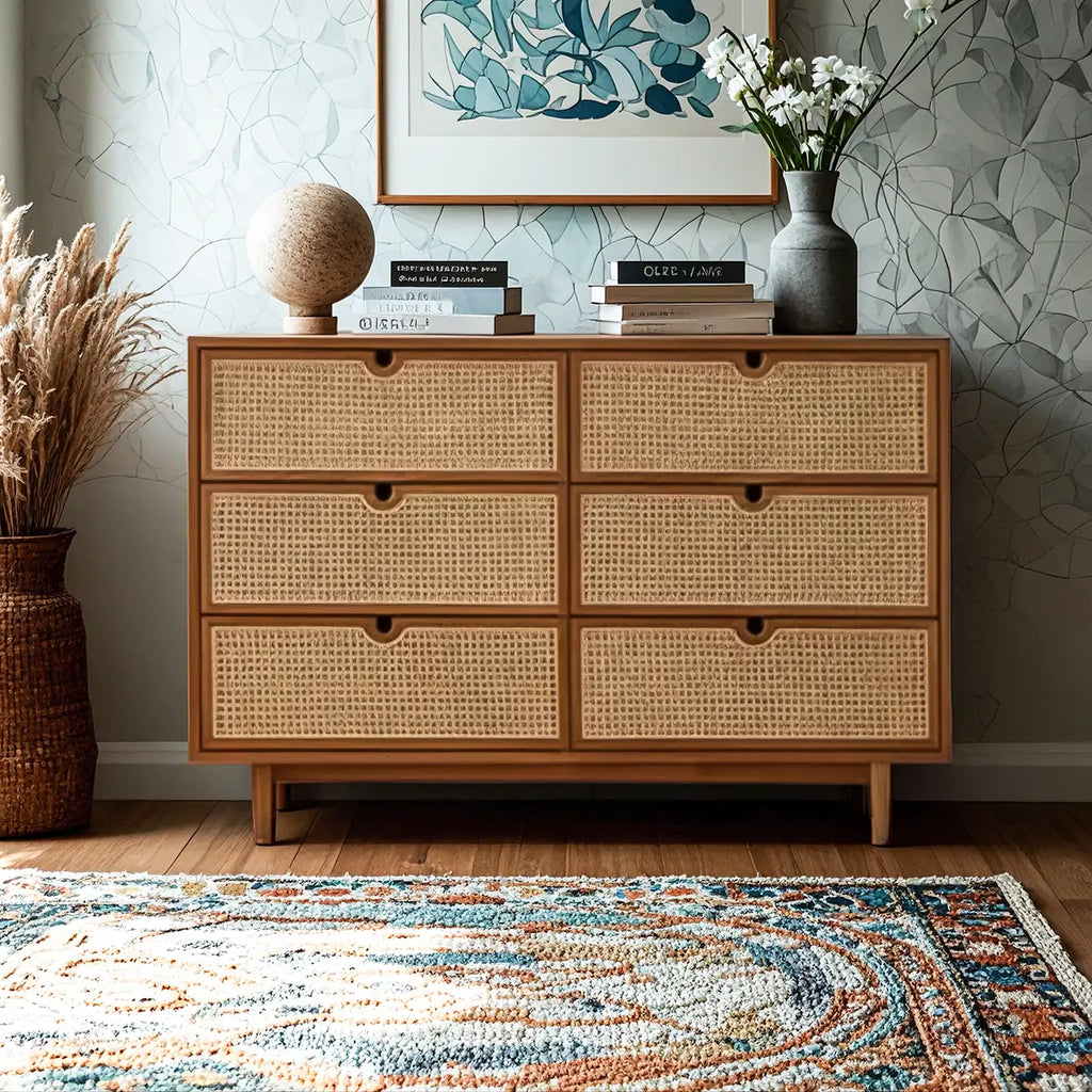 Tropical Brown Wooden 3 Drawers Rattan Chest for Storage