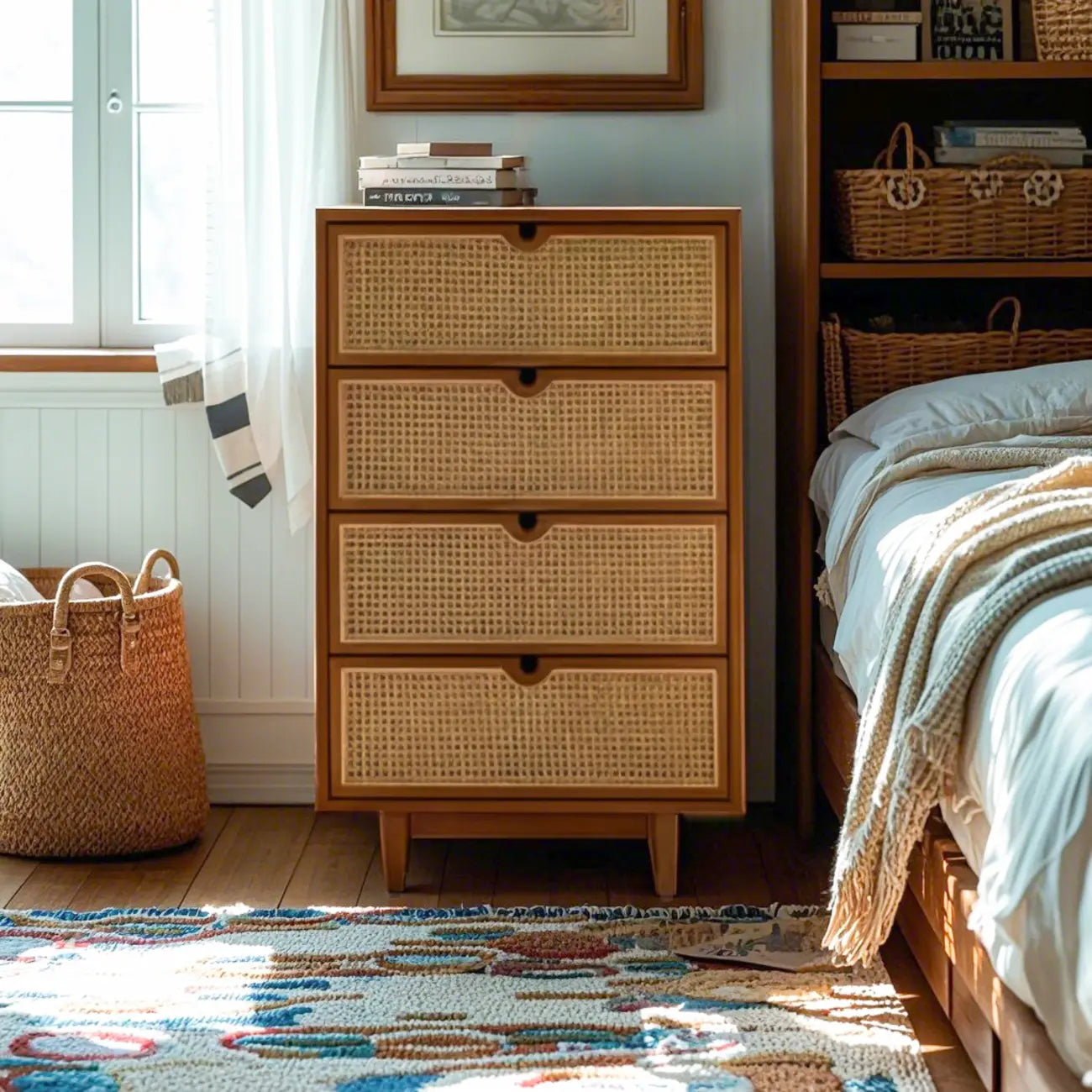 Tropical Brown Wooden 3 Drawers Rattan Chest for Storage