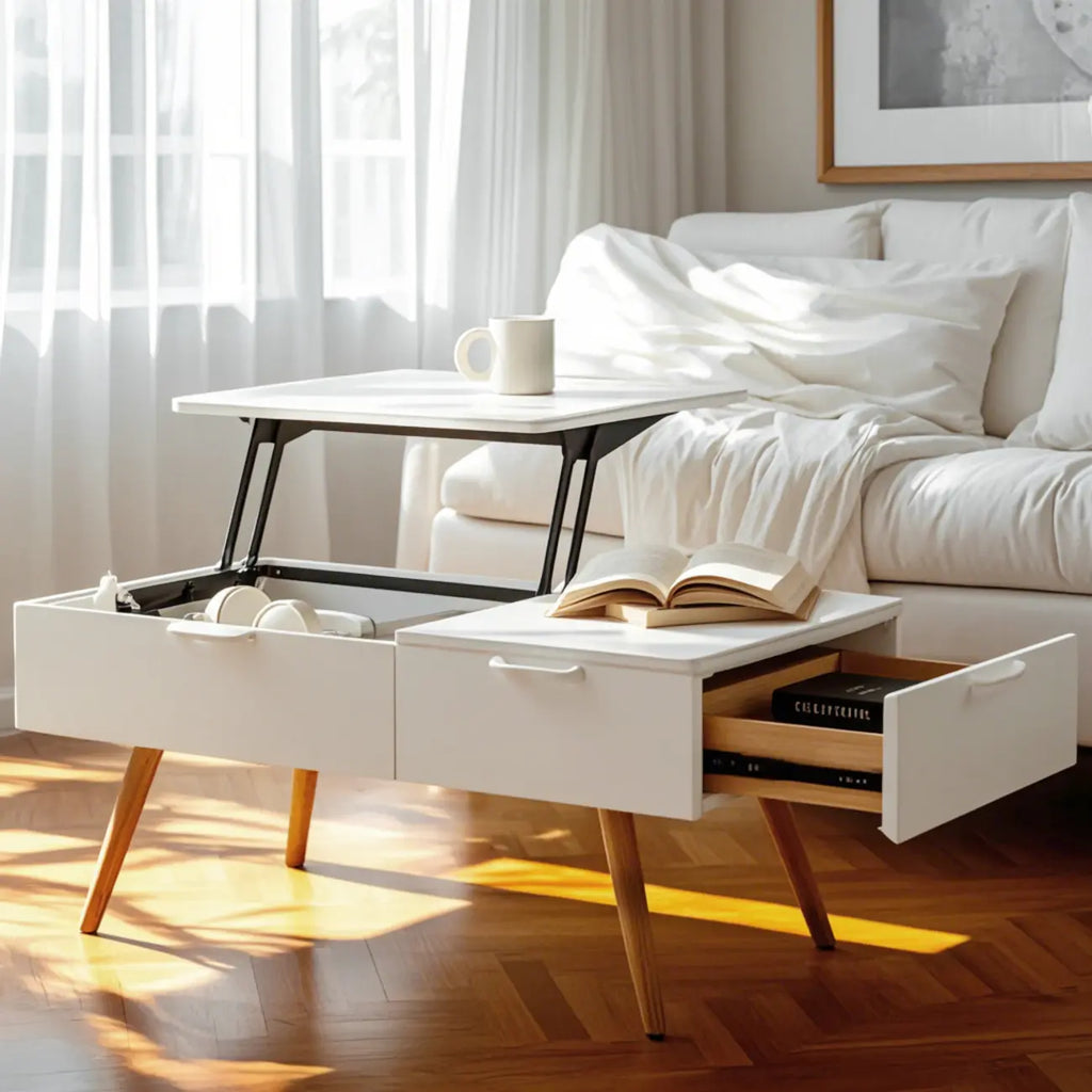 4-Legs Modern Wood White Lift-top Coffee Table with Storage