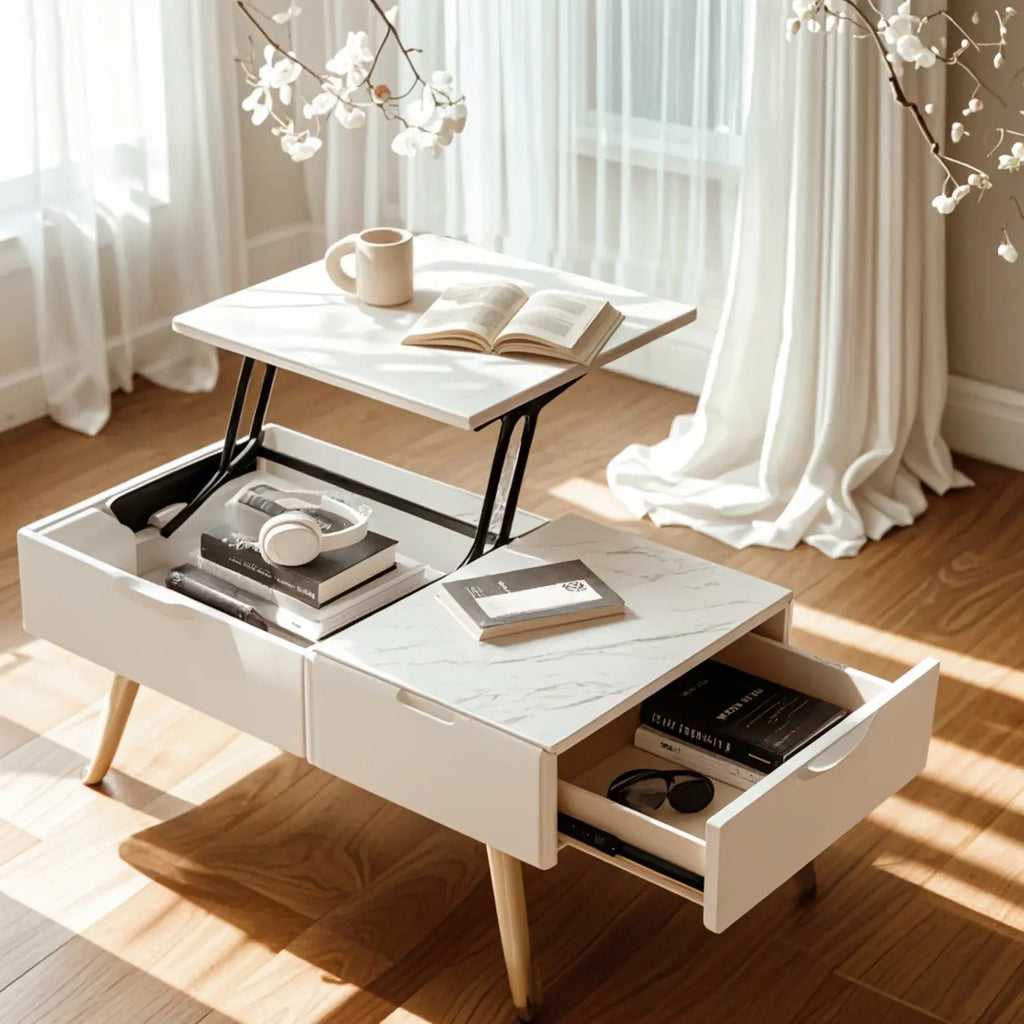4-Legs Modern Wood White Lift-top Coffee Table with Storage