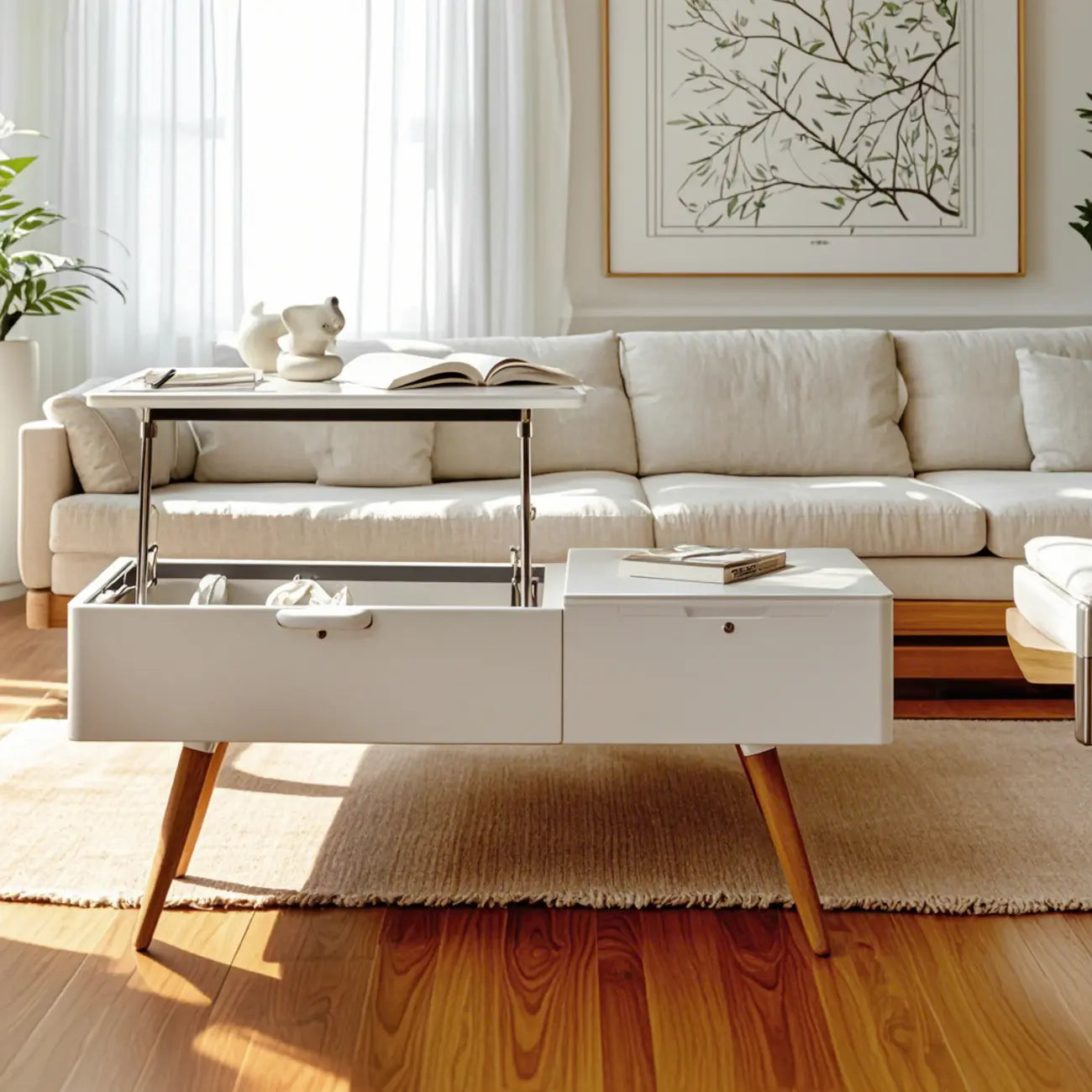 4-Legs Modern Wood White Lift-top Coffee Table with Storage