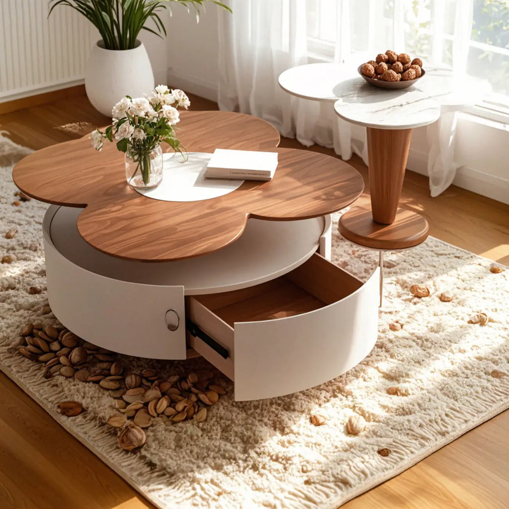 Modern Beiger Free Form Nesting Coffee Table with Drawer