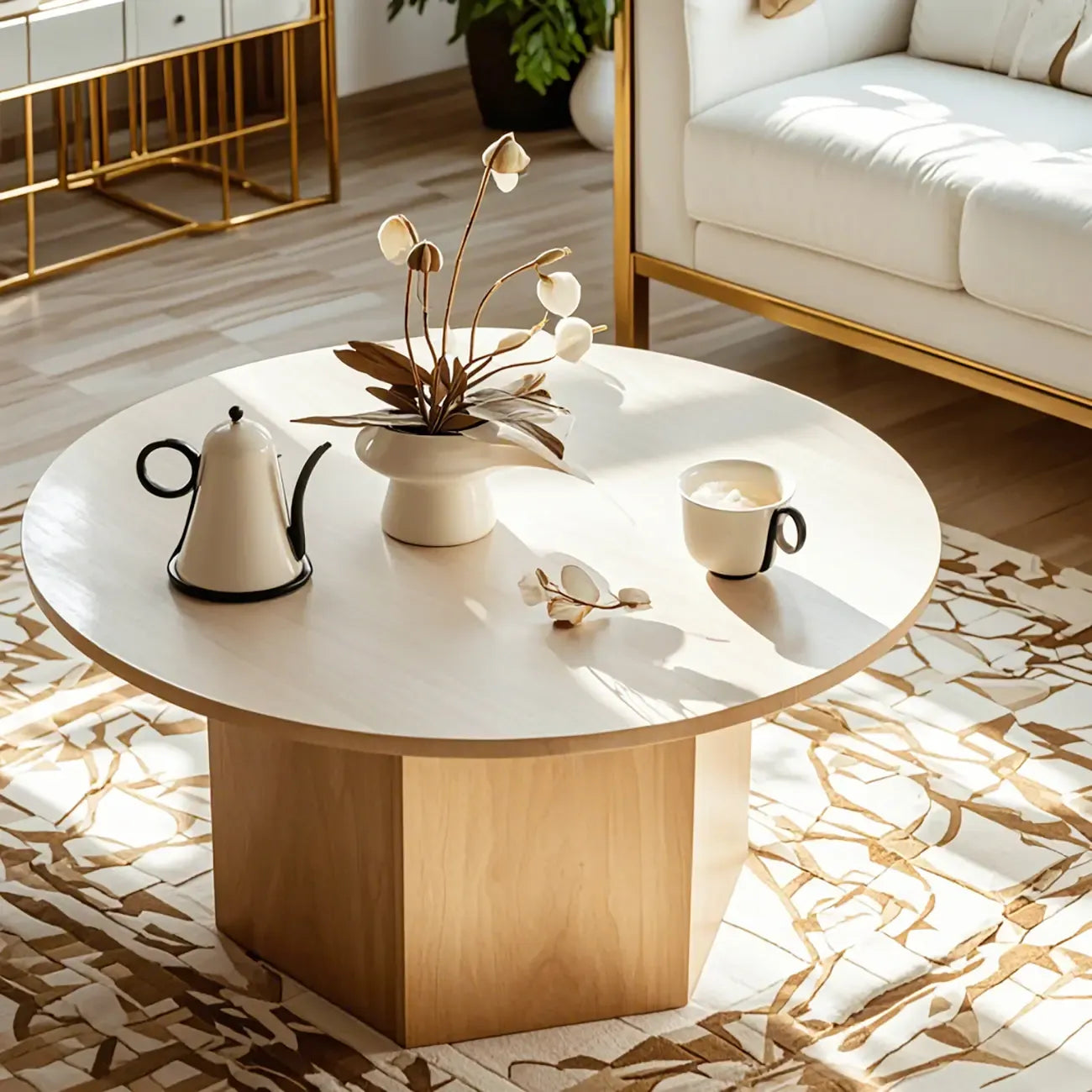 Modern Travertine Round Beige Coffee Table with Small Space