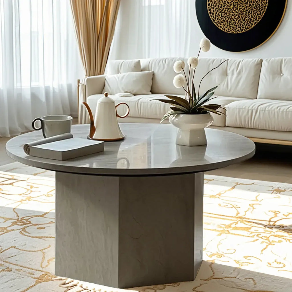 Modern Travertine Round Beige Coffee Table with Small Space