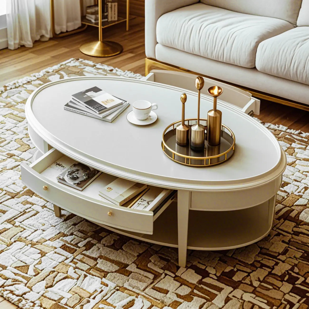 Luxury Oval Wood Coffee Table with Drawer for Living Room