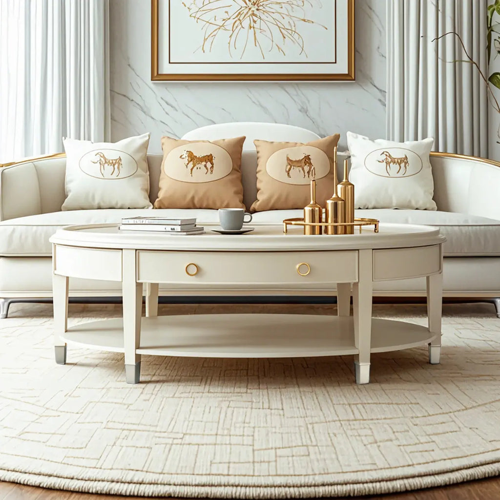 Luxury Oval Wood Coffee Table with Drawer for Living Room