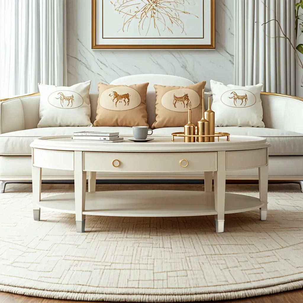 Luxury Oval Wood Coffee Table with Drawer for Living Room