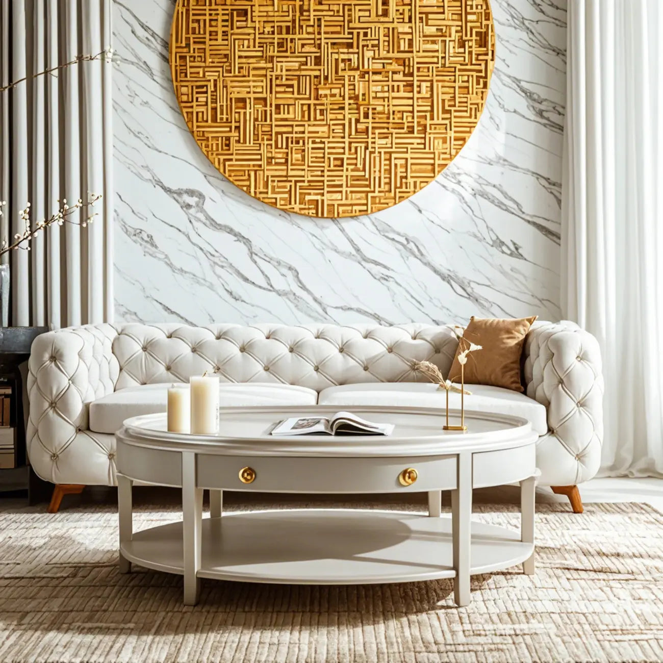 Luxury Oval Wood Coffee Table with Drawer for Living Room