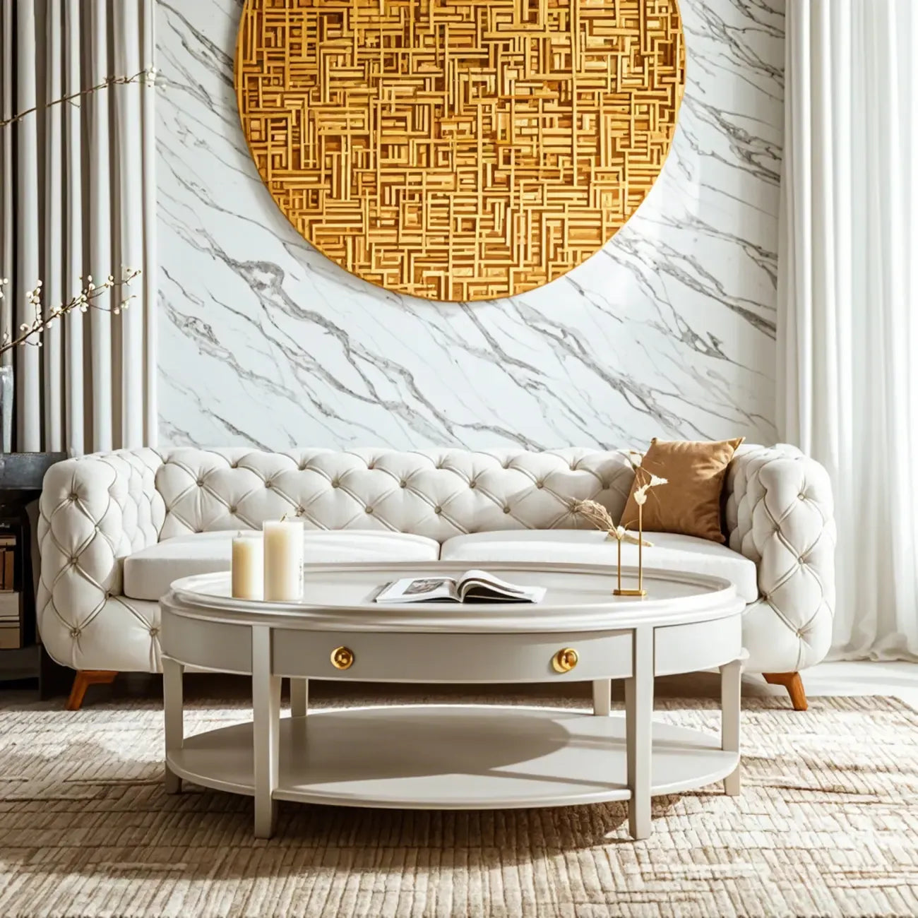 Luxury Oval Wood Coffee Table with Drawer for Living Room