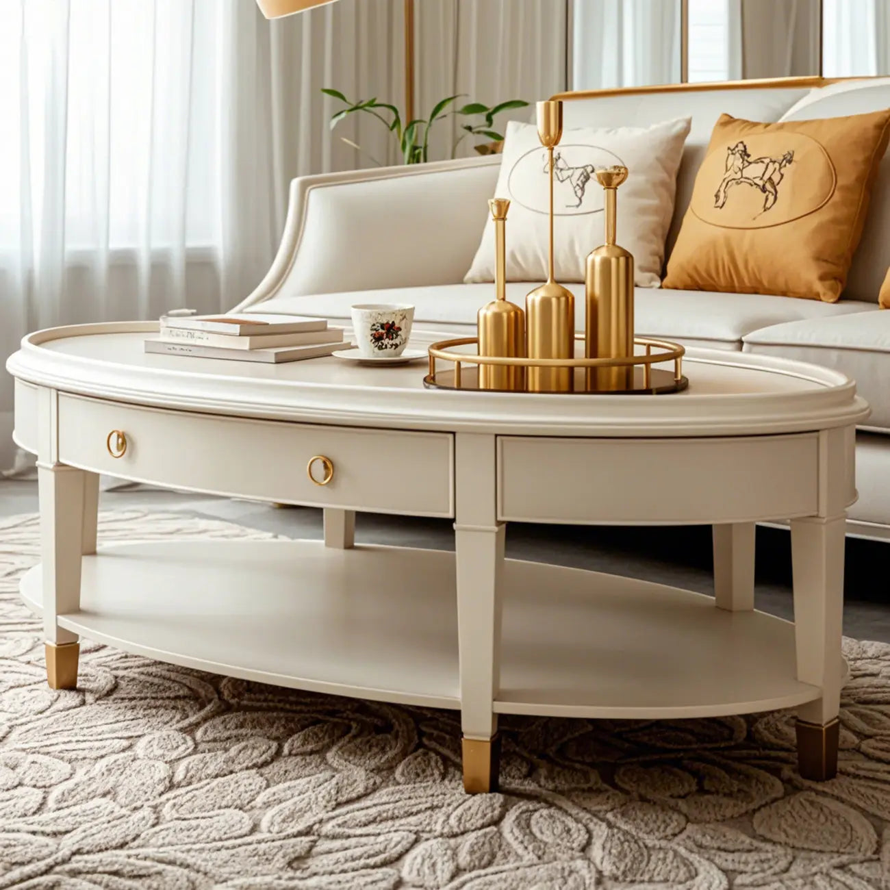 Luxury Oval Wood Coffee Table with Drawer for Living Room