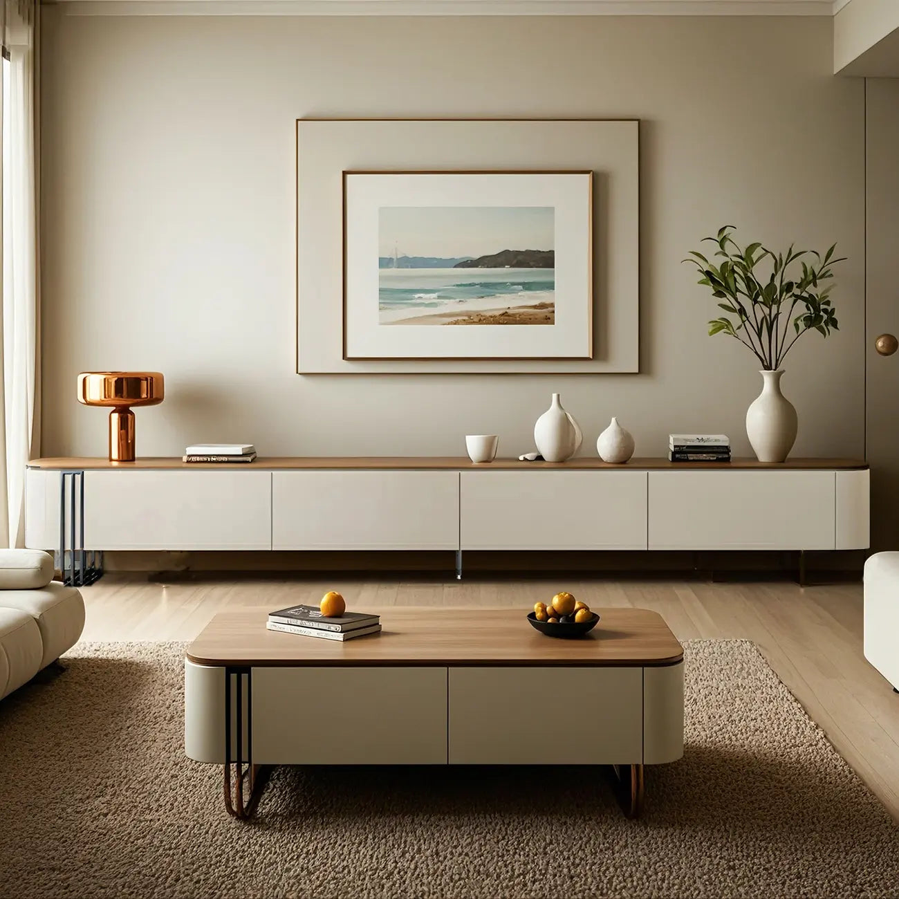 71 White Modern Wood Long TV Stand with 4-Drawers Storage