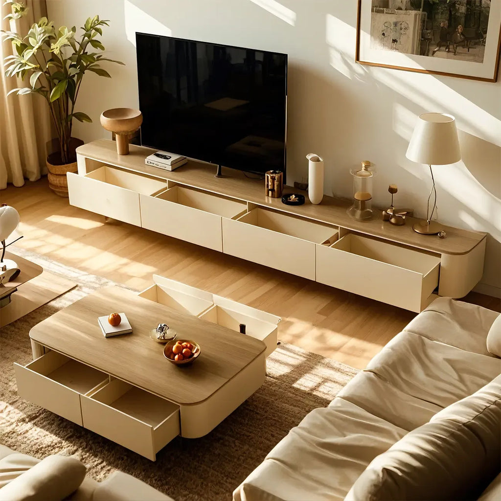 71 White Modern Wood Long TV Stand with 4-Drawers Storage