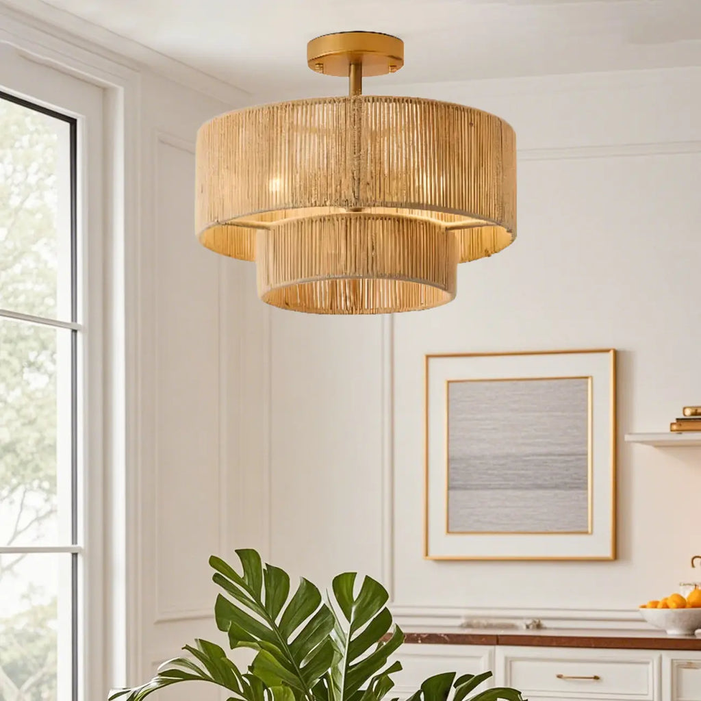 Rustic Dual Tier Jute Drum Shade Semi Flush Mount Ceiling Light