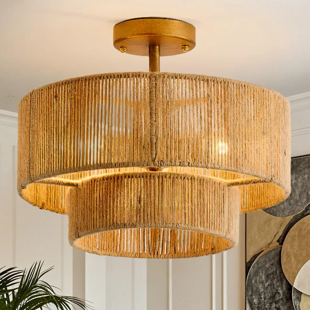 Rustic Dual Tier Jute Drum Shade Semi Flush Mount Ceiling Light