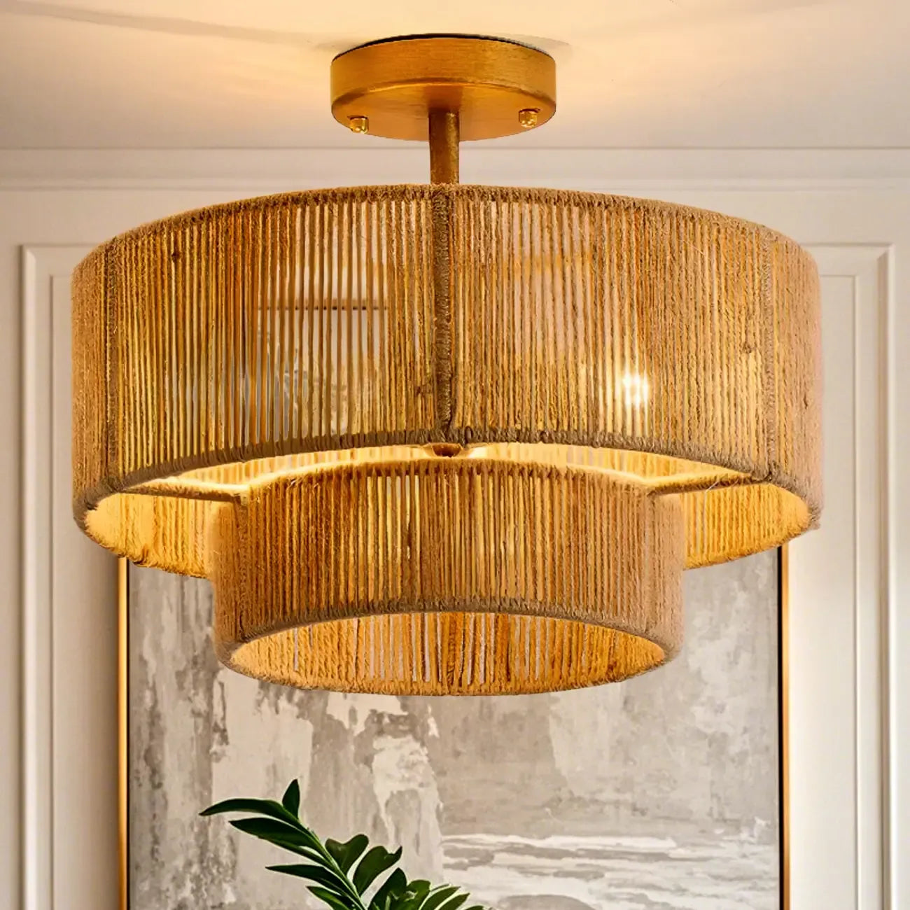 Rustic Dual Tier Jute Drum Shade Semi Flush Mount Ceiling Light