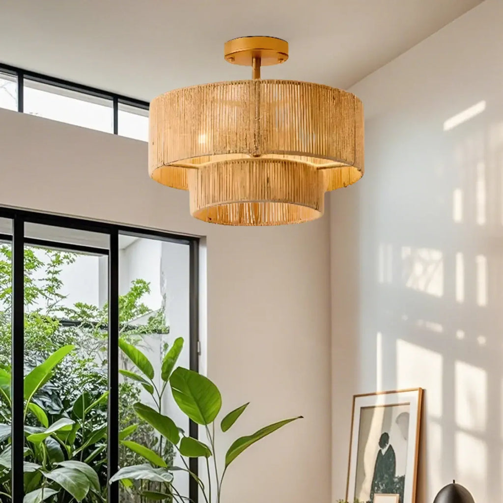 Rustic Dual Tier Jute Drum Shade Semi Flush Mount Ceiling Light