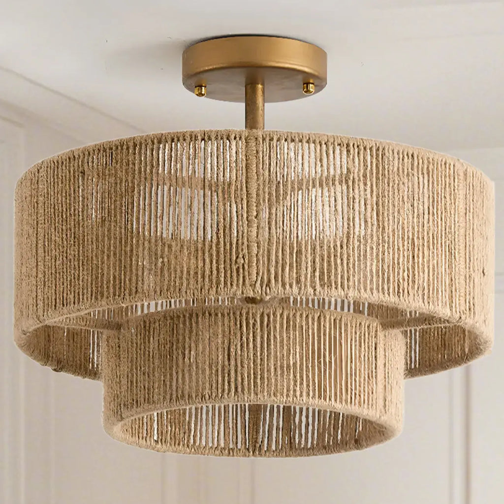Rustic Dual Tier Jute Drum Shade Semi Flush Mount Ceiling Light