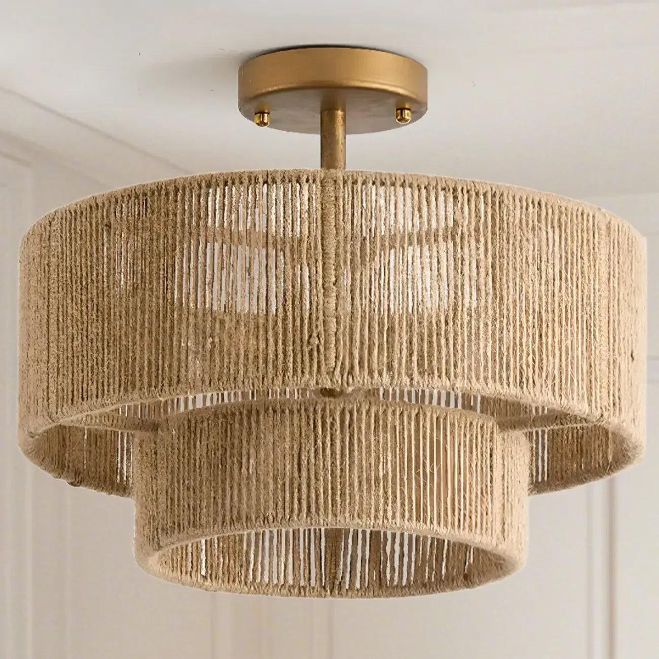 Rustic Dual Tier Jute Drum Shade Semi Flush Mount Ceiling Light