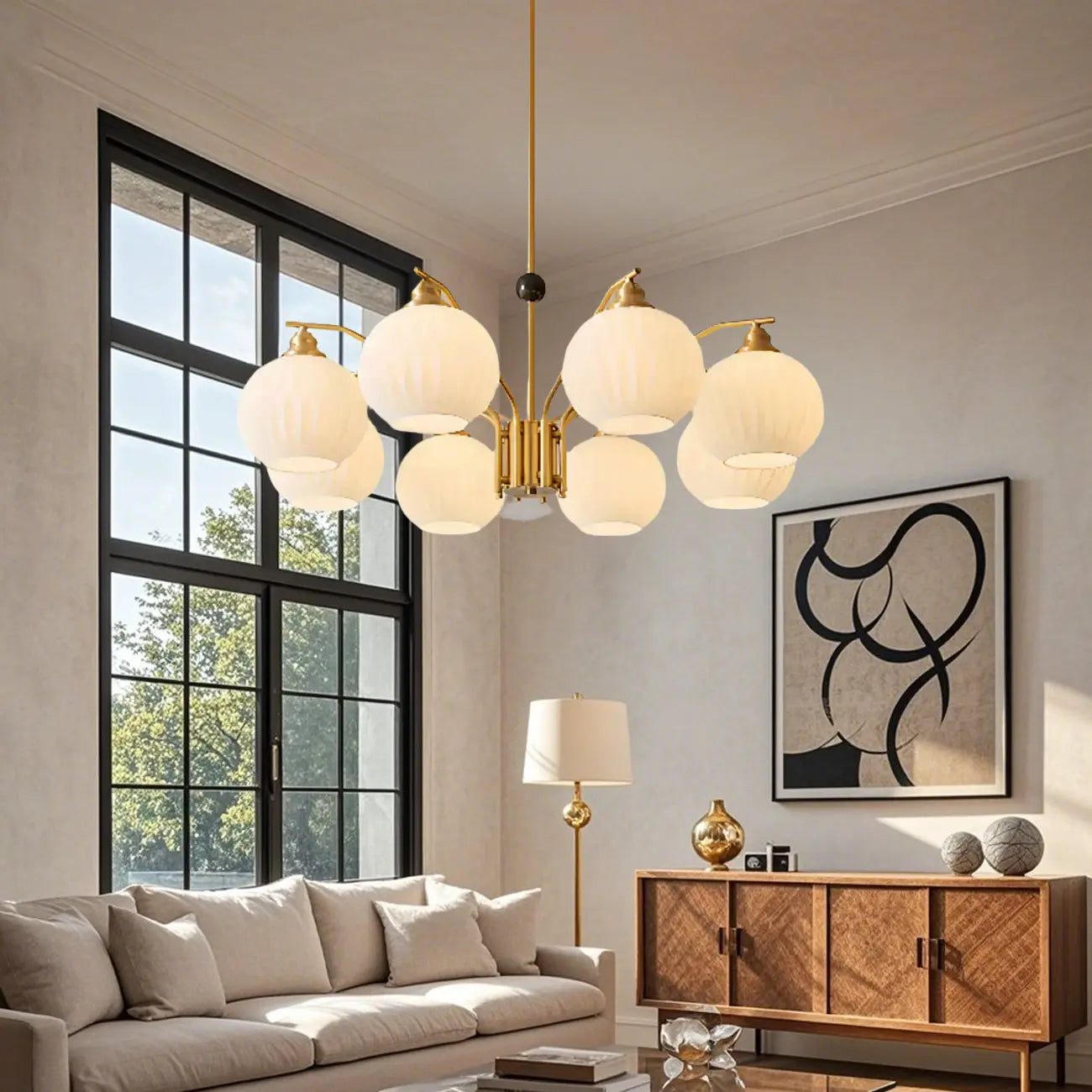 Modern 8-light Glass Globe Chandelier with Adjustable Height