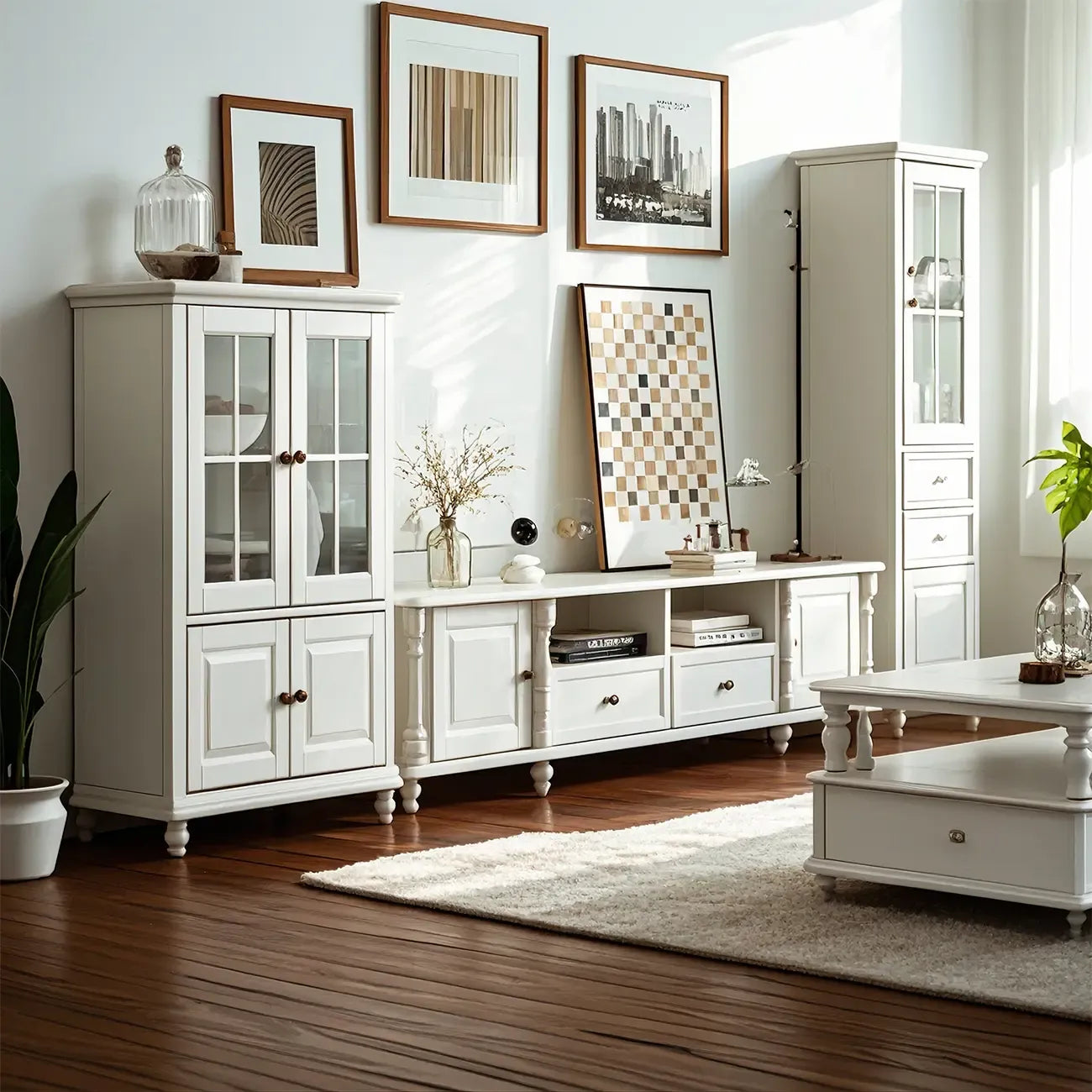 87 White Wood Open Storage TV Stand for Living Room