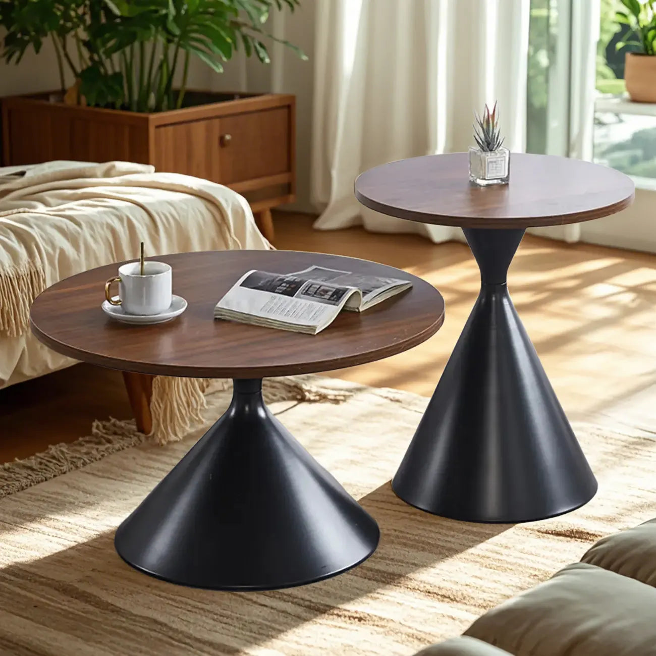 Modern Minimalist  Round Coffee Table Set with Wooden Top