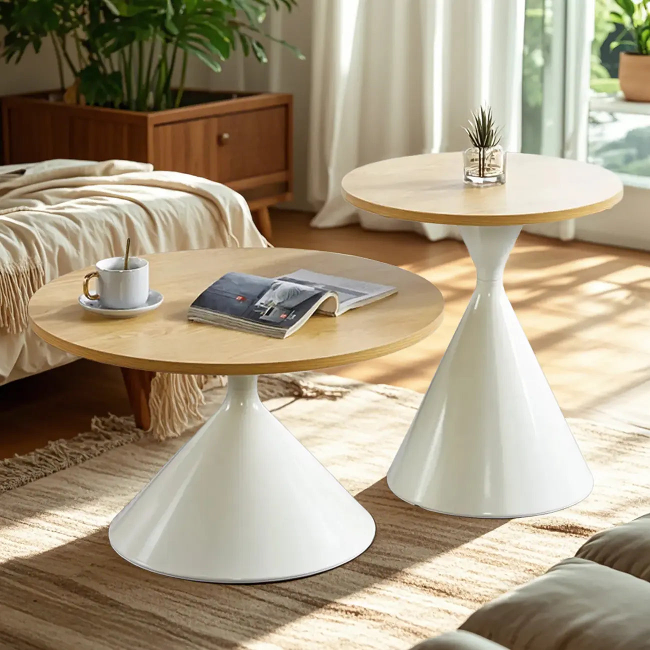 Modern Minimalist  Round Coffee Table Set with Wooden Top